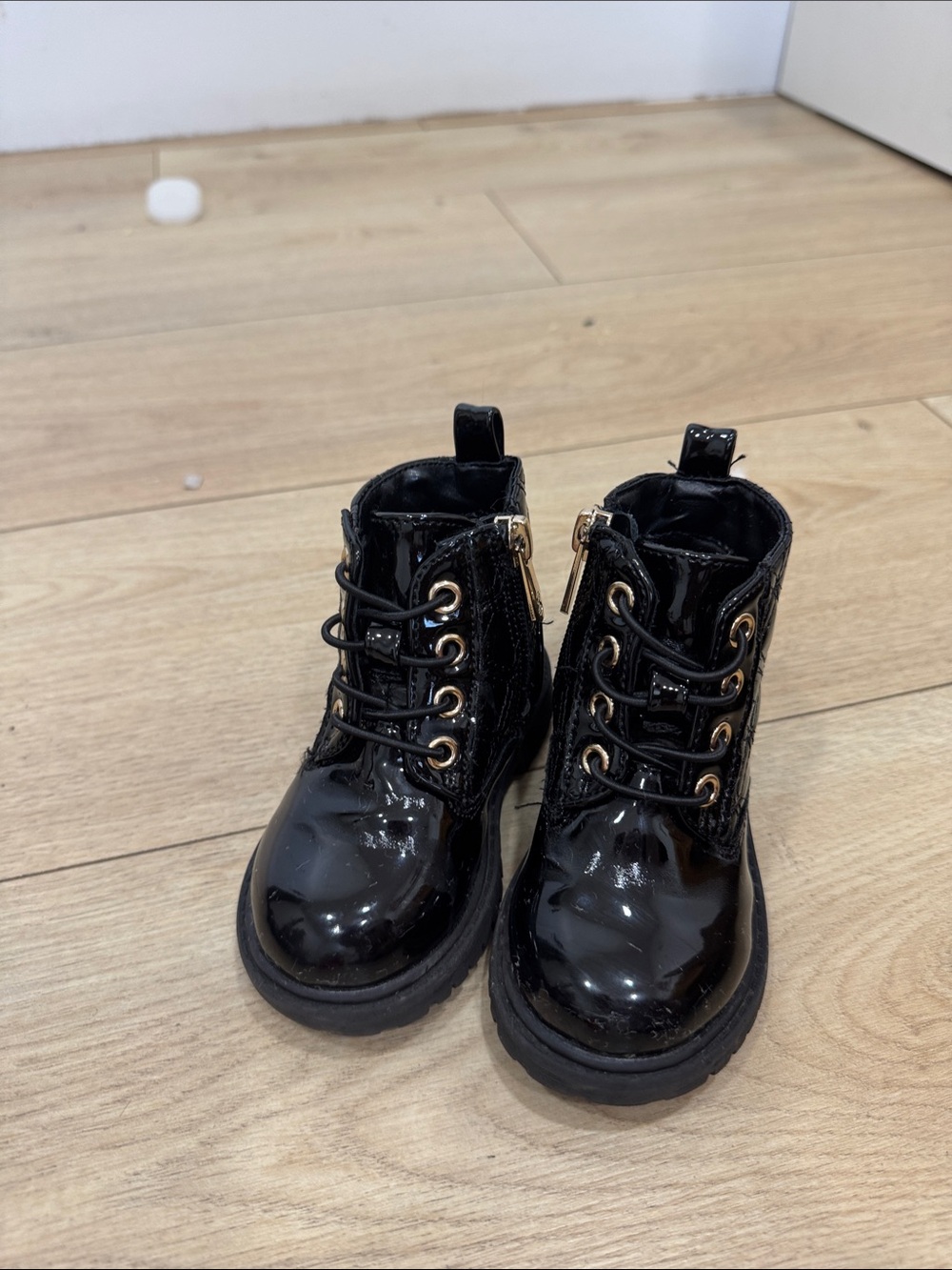 Kids Black Patent Lace-Up Ankle Boots